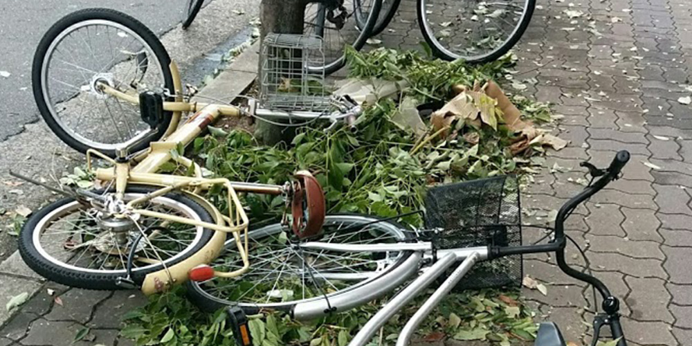強風で自転車が倒れている