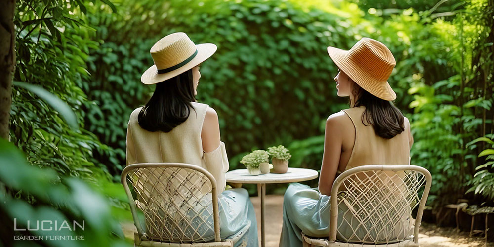庭のガーデンファニチャーでカフェタイムを楽しむ女性2人